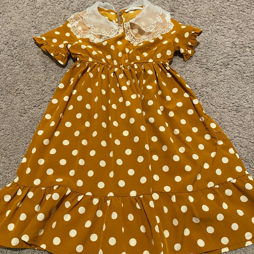 🌾 Girls Mustard Polkadot Midi Dress
